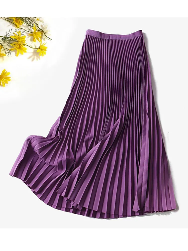 12 Colors Solid Purple Green Skirt Women High Waisted Summer Long Skirt New 2024 Elegant Ladies Office Skirts Midi Spring C-018