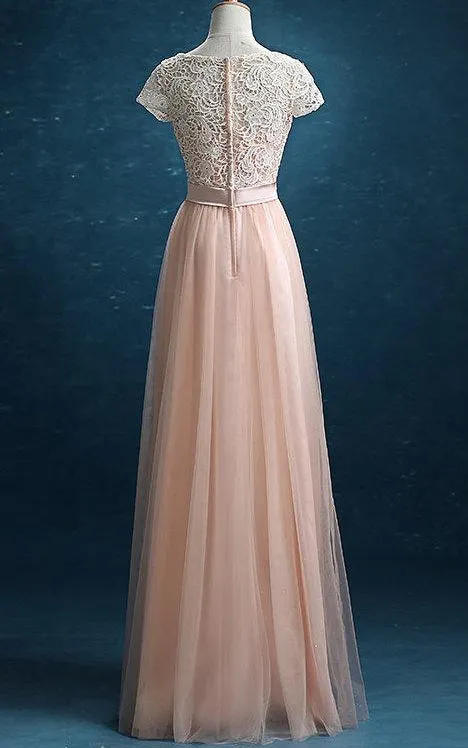 2018 New Prom Lace Tulle Long Prom Tulle Formal Blush Tulle Party Floor Length Dress-105791