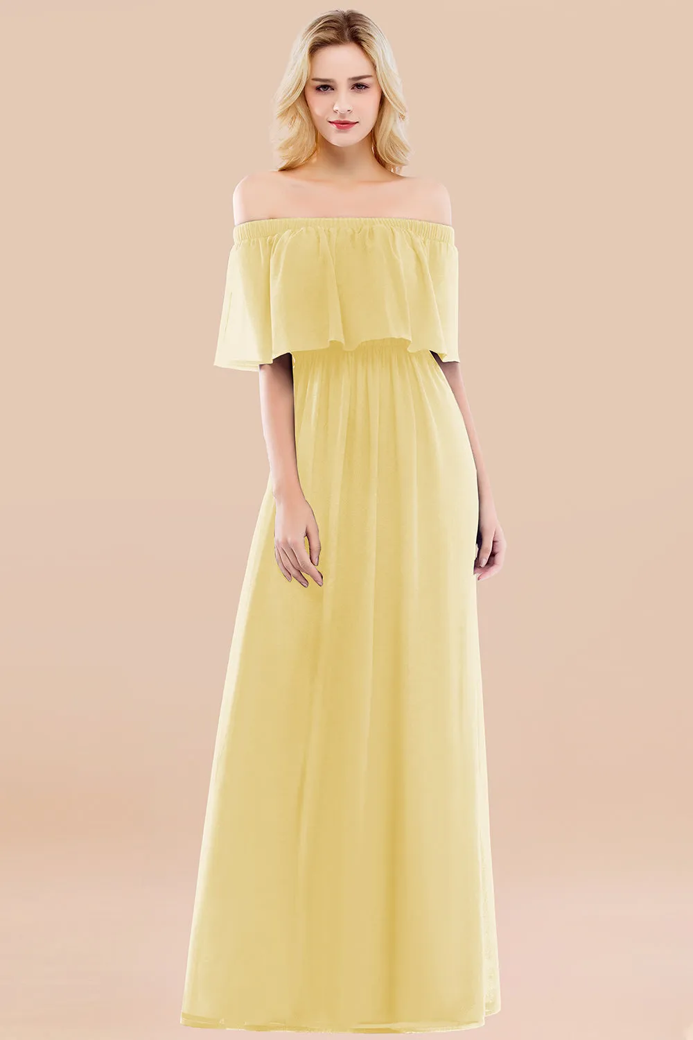 A-line Chiffon Off the Shoulder Ruffles Long Bridesmaid Dress with Sleeves