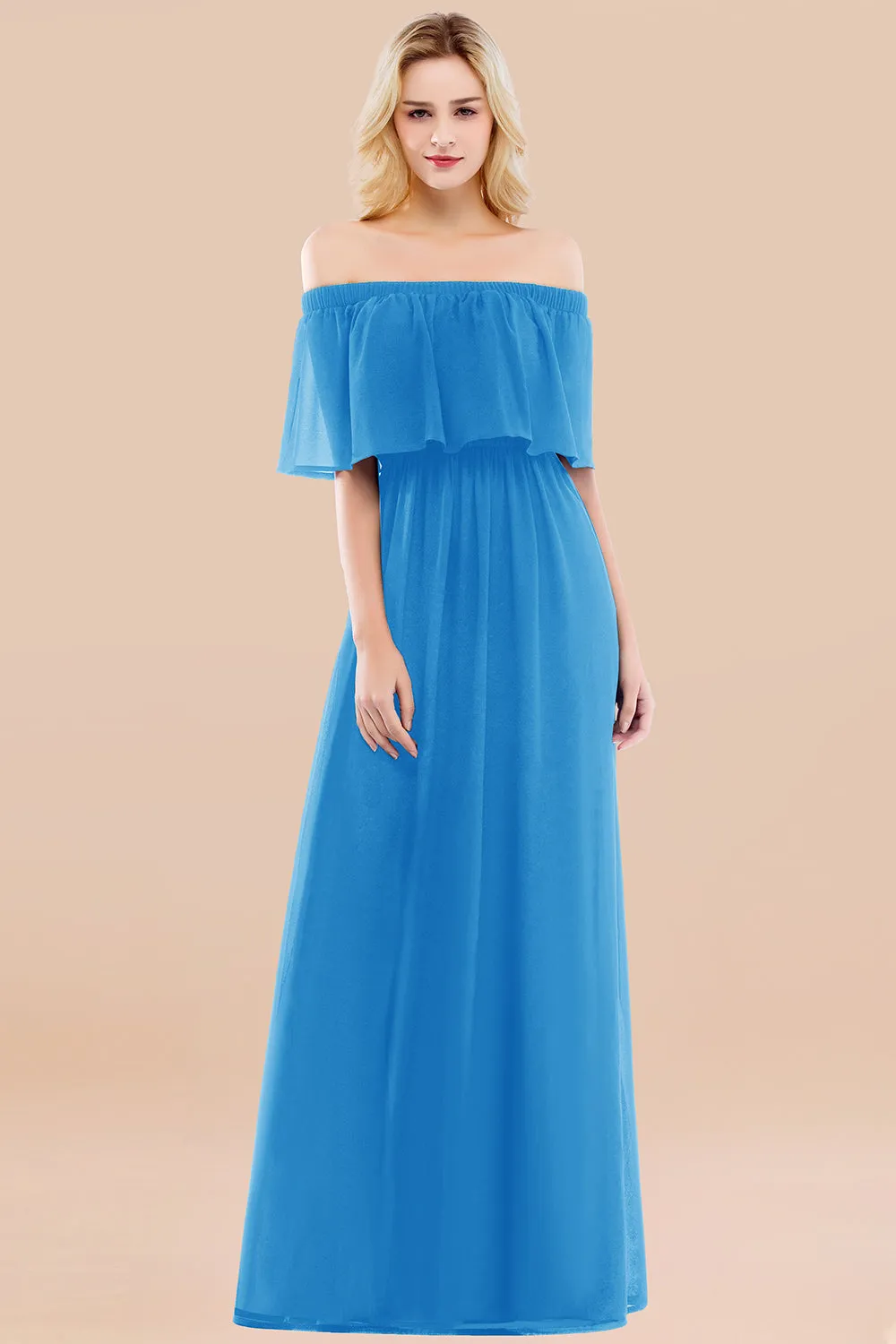 A-line Chiffon Off the Shoulder Ruffles Long Bridesmaid Dress with Sleeves