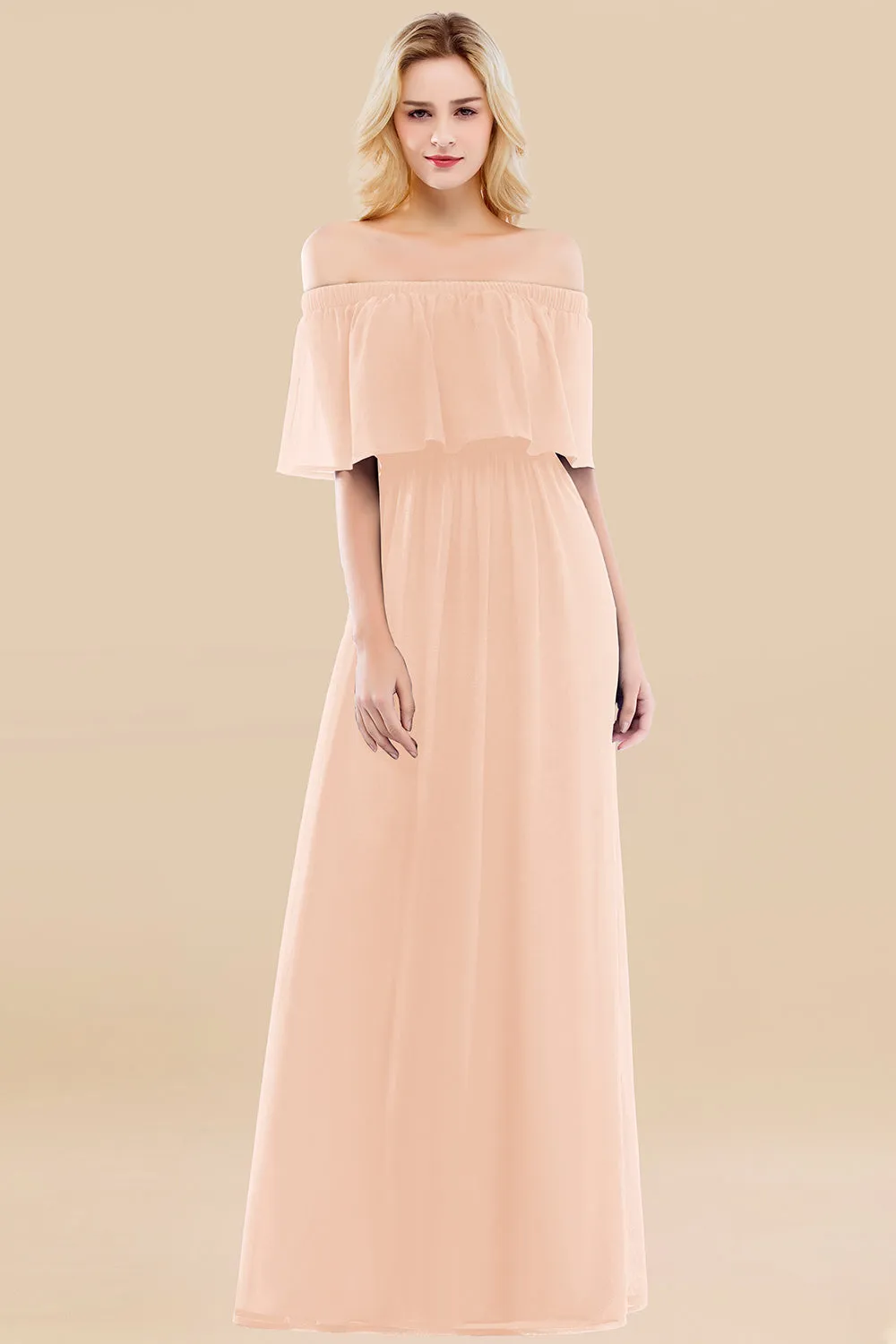 A-line Chiffon Off the Shoulder Ruffles Long Bridesmaid Dress with Sleeves