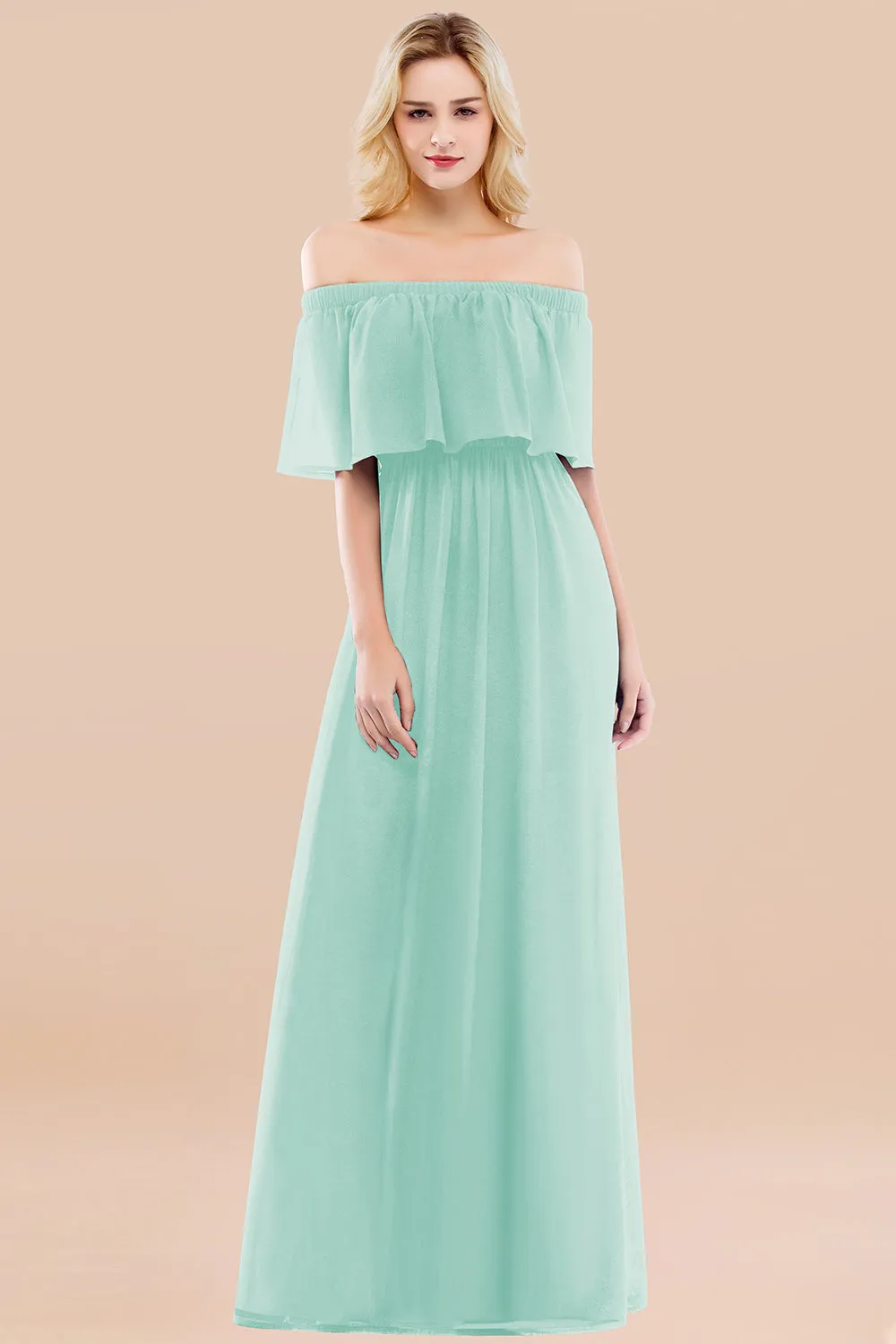 A-line Chiffon Off the Shoulder Ruffles Long Bridesmaid Dress with Sleeves