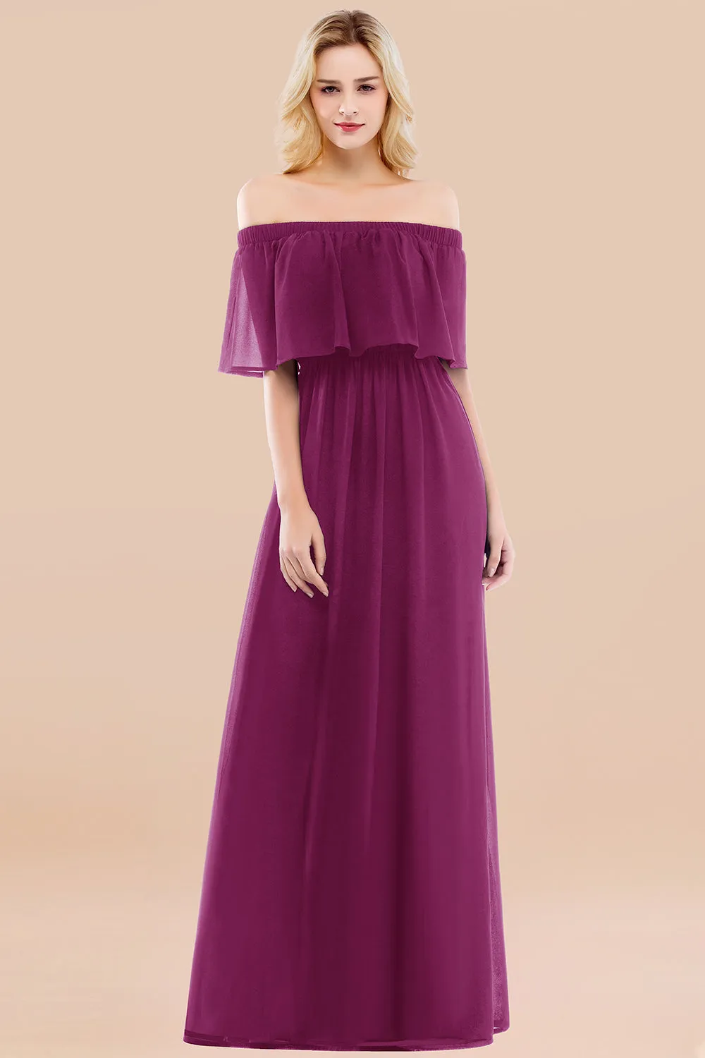 A-line Chiffon Off the Shoulder Ruffles Long Bridesmaid Dress with Sleeves