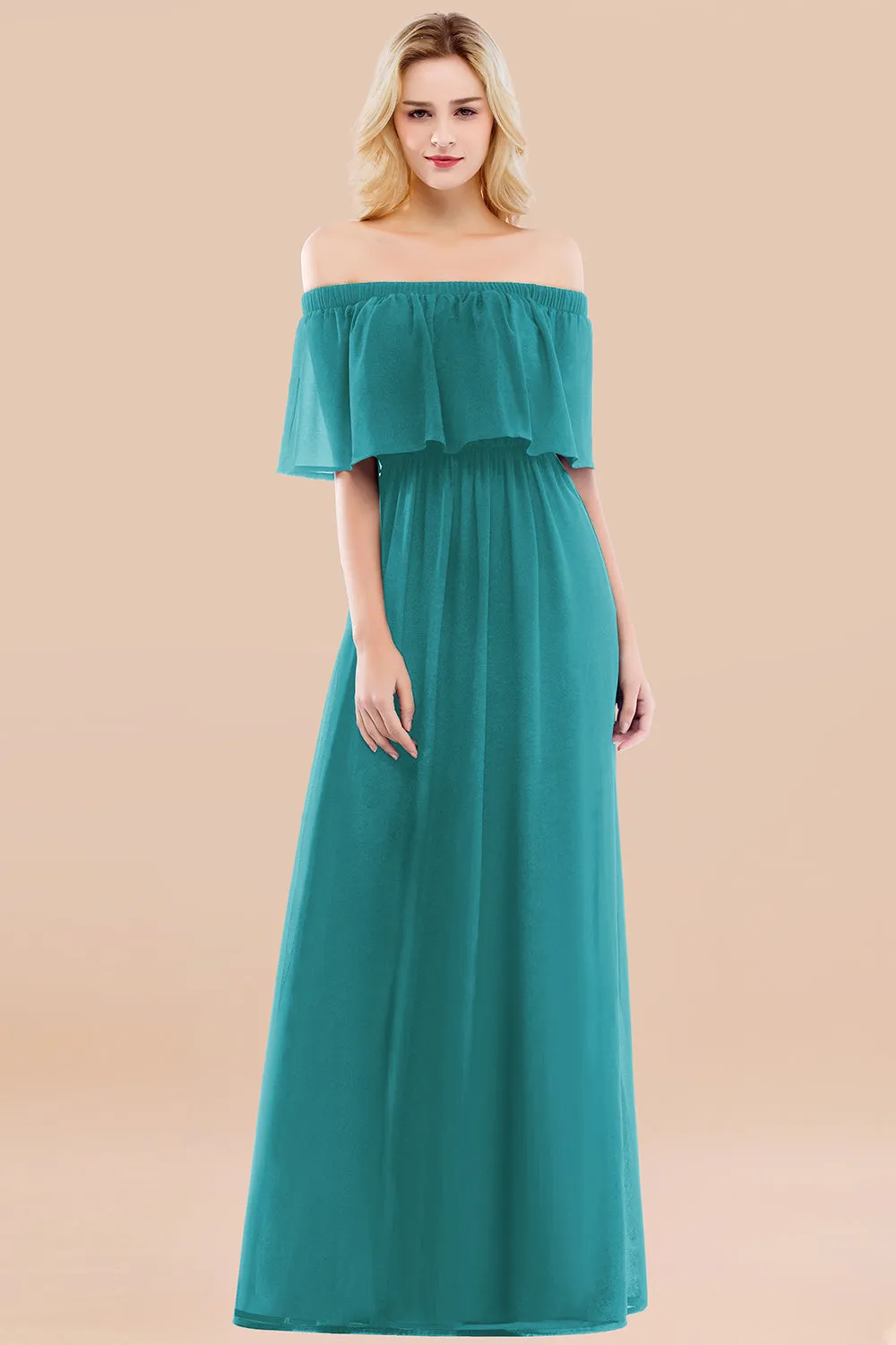 A-line Chiffon Off the Shoulder Ruffles Long Bridesmaid Dress with Sleeves