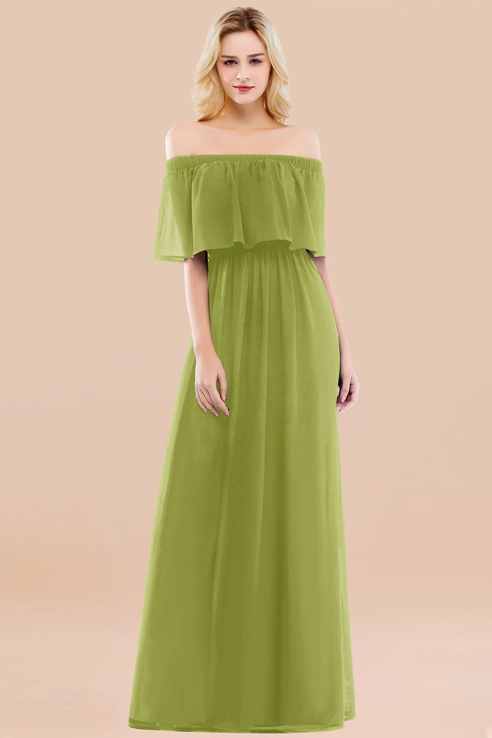 A-line Chiffon Off the Shoulder Ruffles Long Bridesmaid Dress with Sleeves