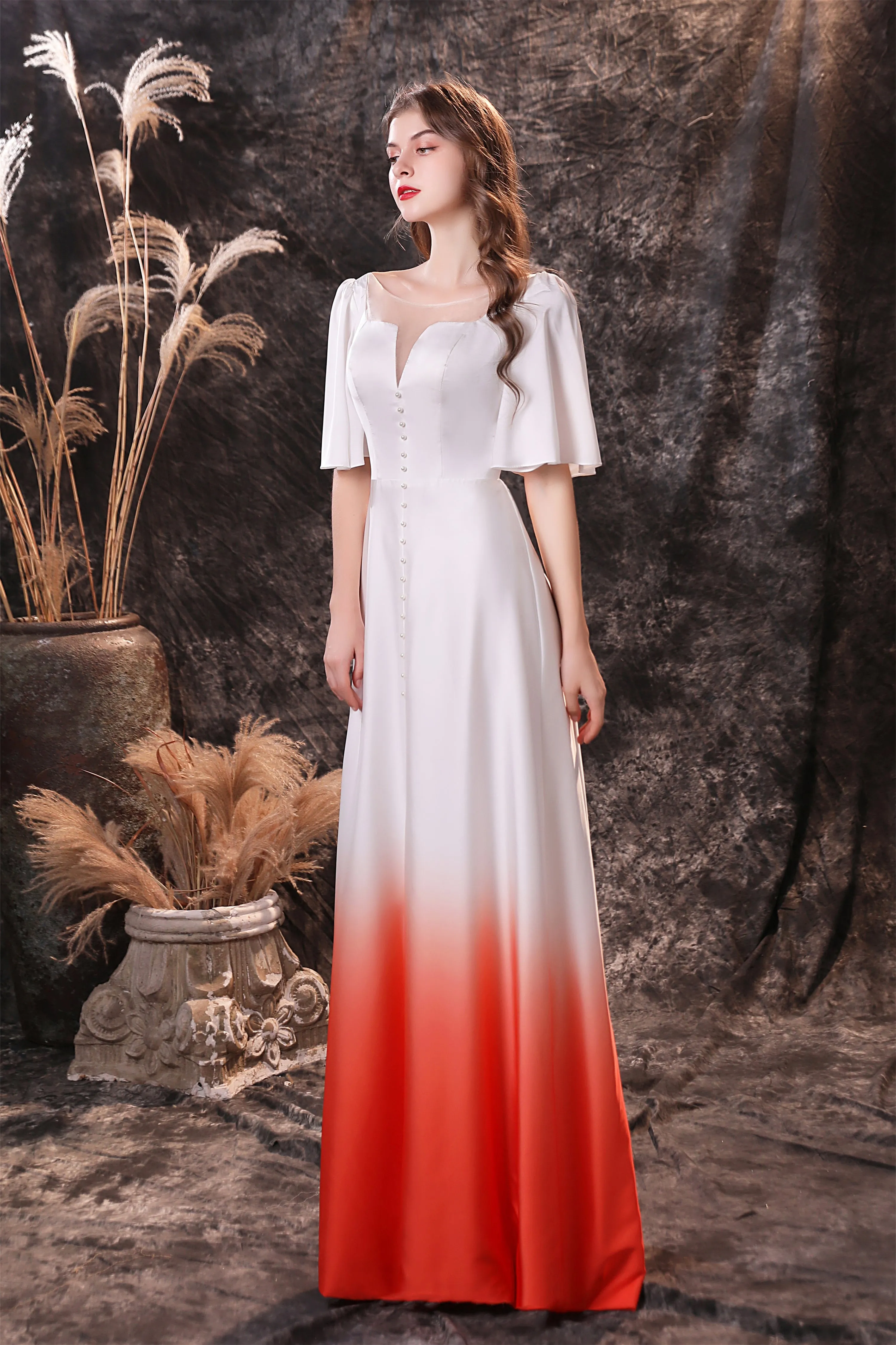 A Line Half Sleeves Ombre Silk Like Satin Floor Length Prom Dresses