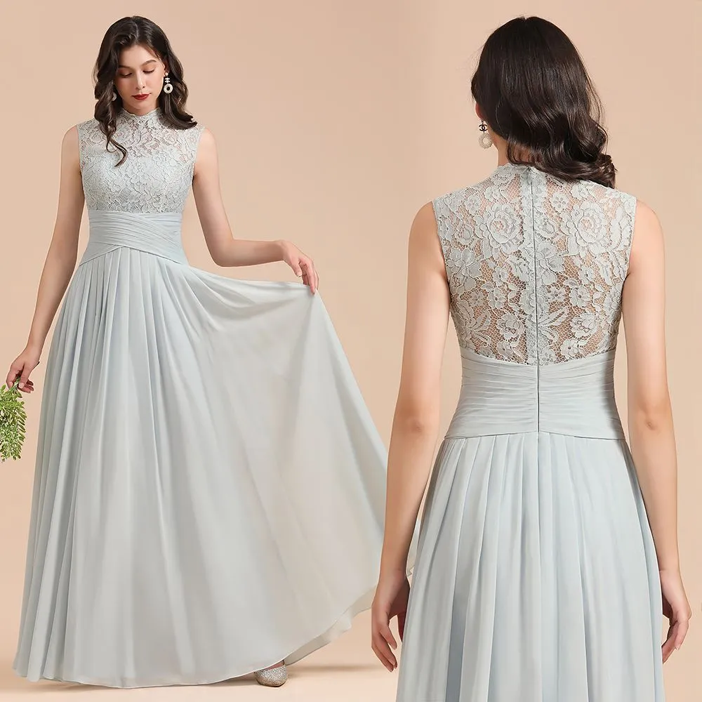 A-line High Neck Lace Chiffon Long Bridesmaid Dress