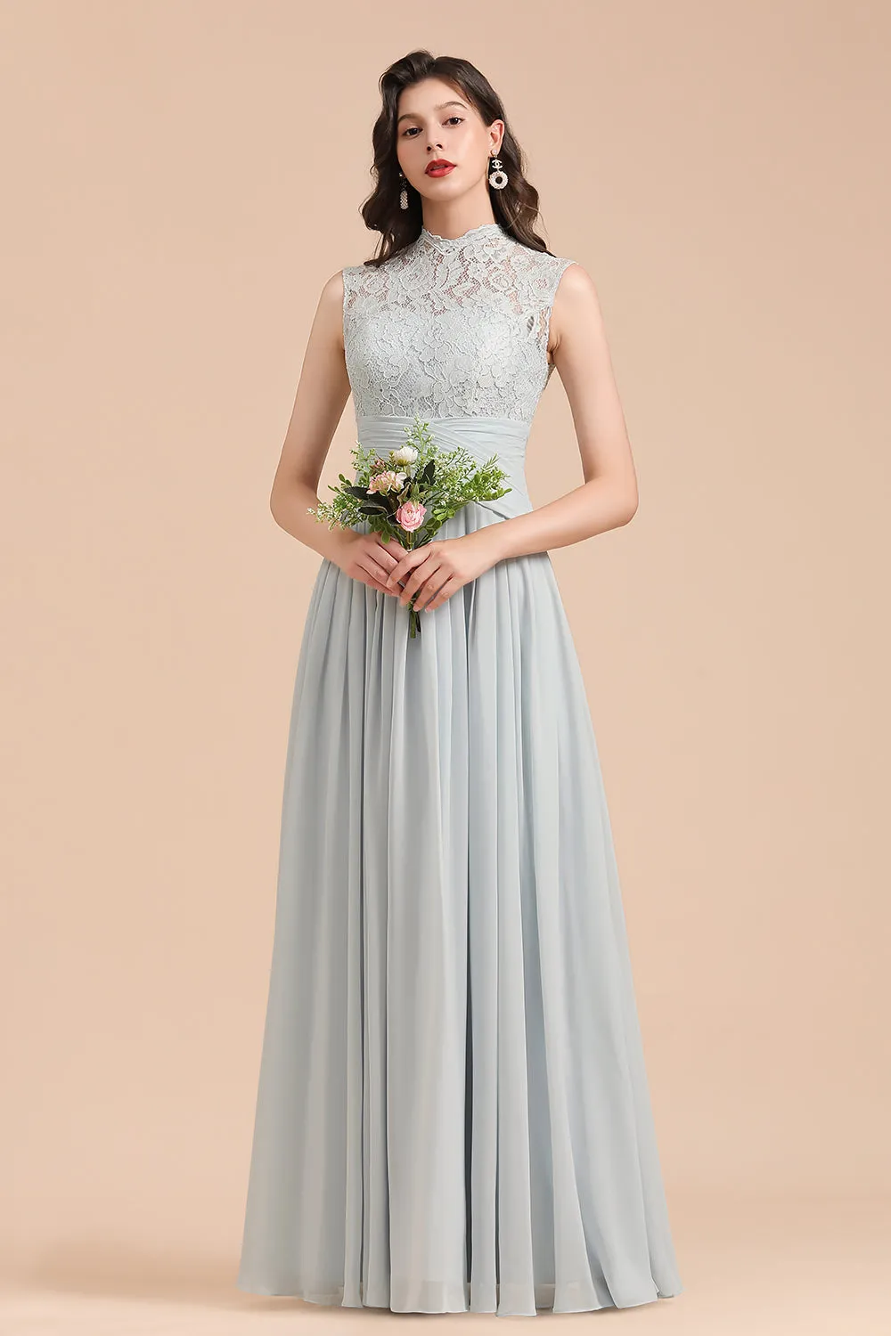 A-line High Neck Lace Chiffon Long Bridesmaid Dress