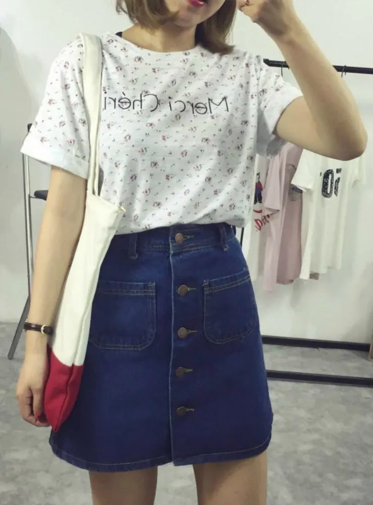 A-Line Korean Mini Jeans Skirt Thin Single Breast Button