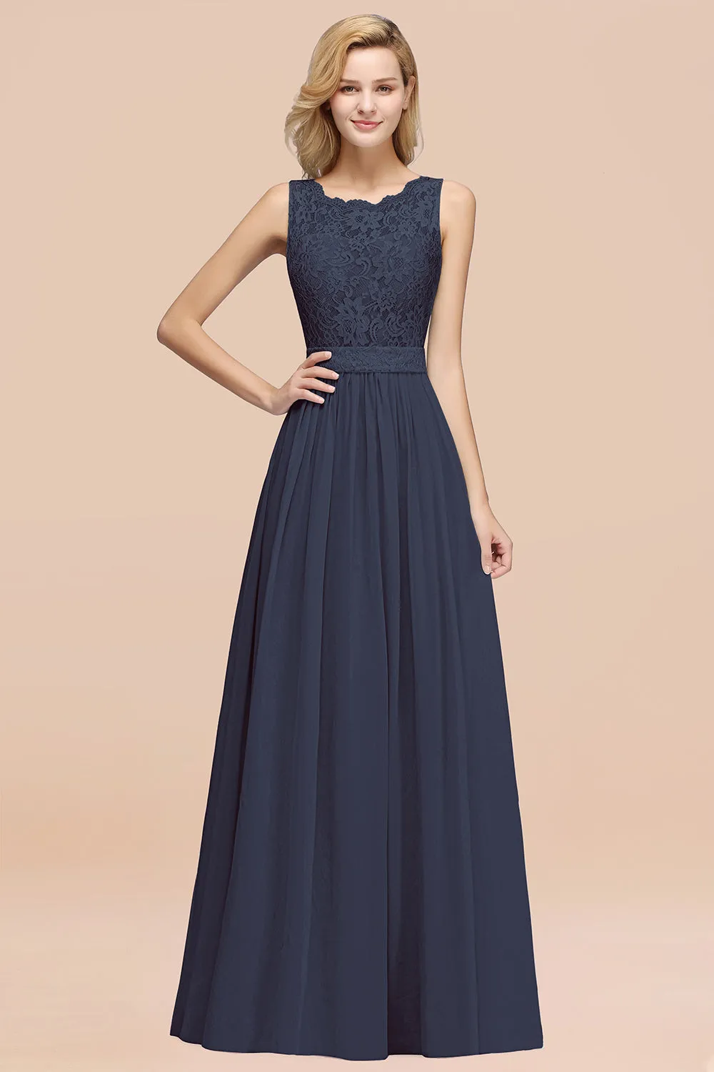 A-Line Lace Scalloped Chiffon Long Bridesmaid Dress with Ruffles