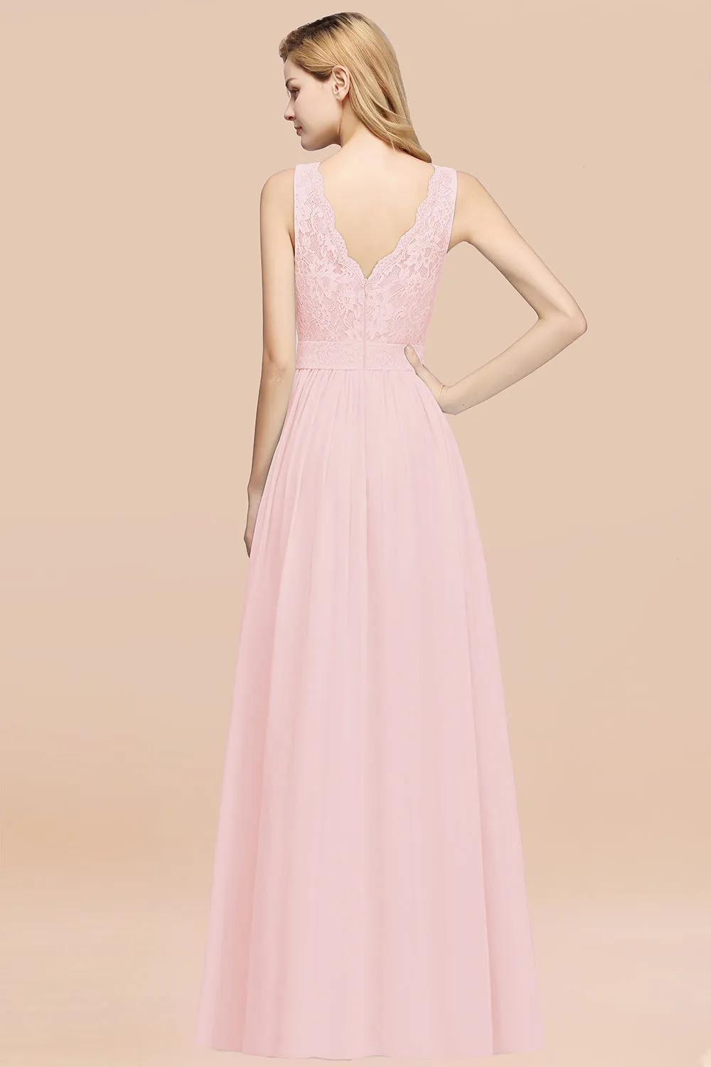 A-Line Lace Scalloped Chiffon Long Bridesmaid Dress with Ruffles