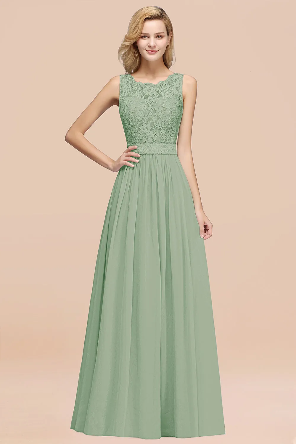 A-Line Lace Scalloped Chiffon Long Bridesmaid Dress with Ruffles