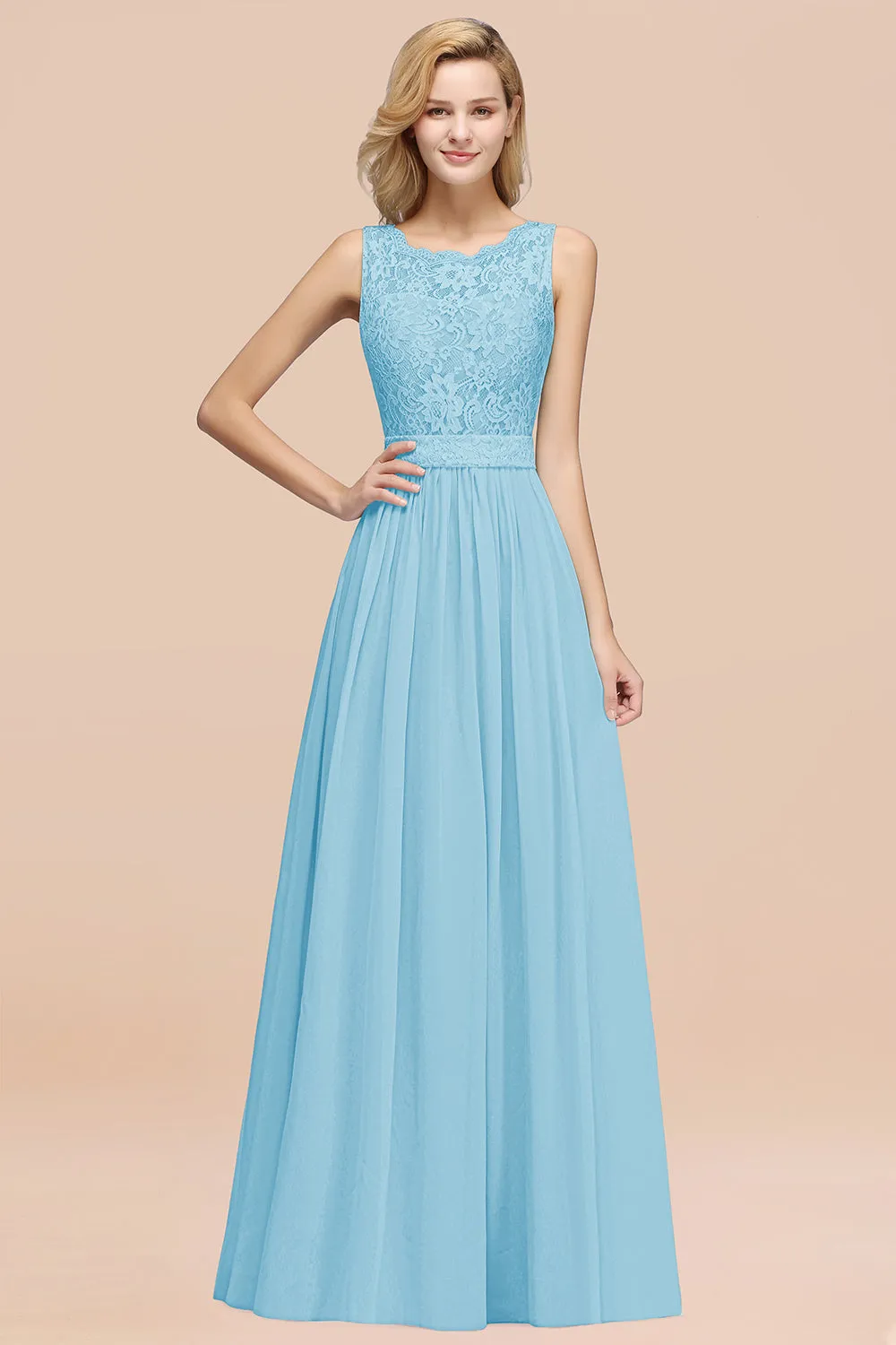 A-Line Lace Scalloped Chiffon Long Bridesmaid Dress with Ruffles