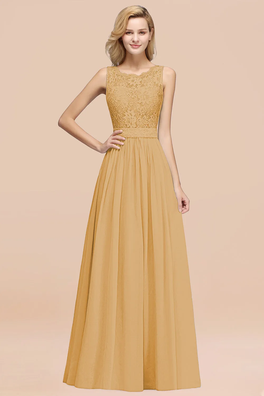 A-Line Lace Scalloped Chiffon Long Bridesmaid Dress with Ruffles