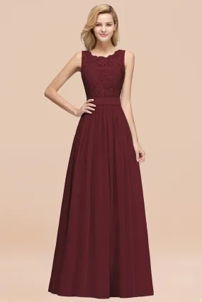 A-Line Lace Scalloped Chiffon Long Bridesmaid Dress with Ruffles