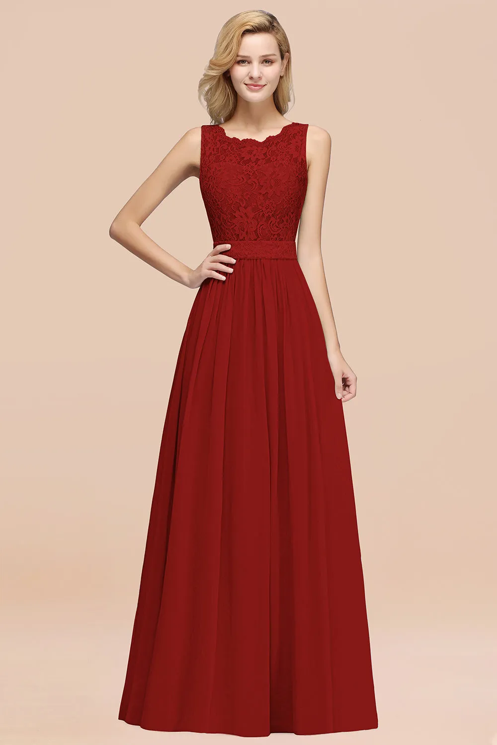 A-Line Lace Scalloped Chiffon Long Bridesmaid Dress with Ruffles