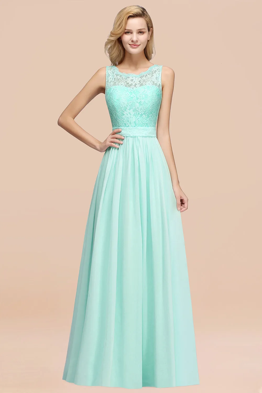 A-Line Lace Scalloped Chiffon Long Bridesmaid Dress with Ruffles