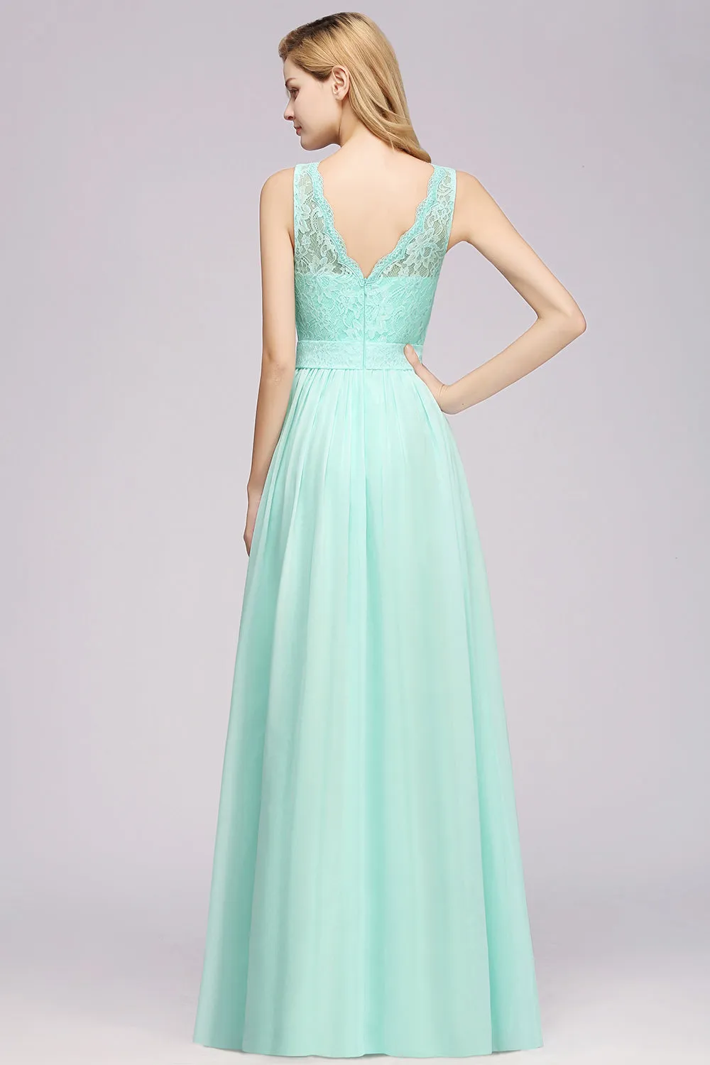 A-Line Lace Scalloped Chiffon Long Bridesmaid Dress with Ruffles