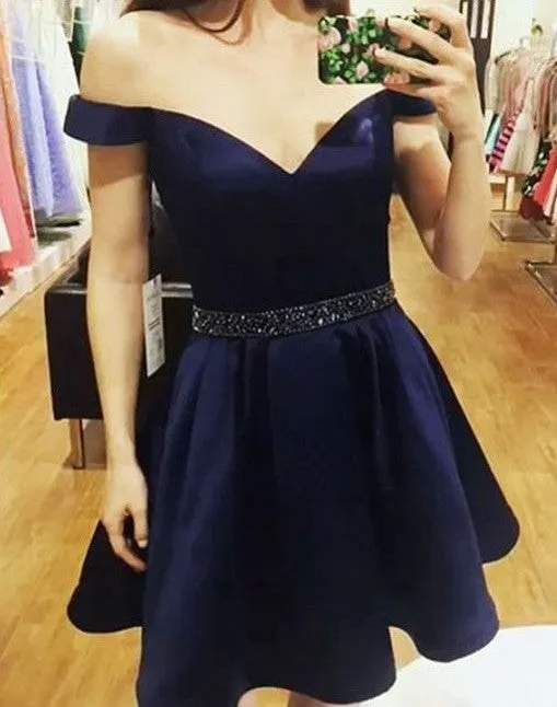 A-line Off The Shoulder Satin Short Prom Dresses with Pockets