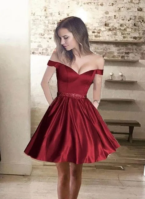 A-line Off The Shoulder Satin Short Prom Dresses with Pockets