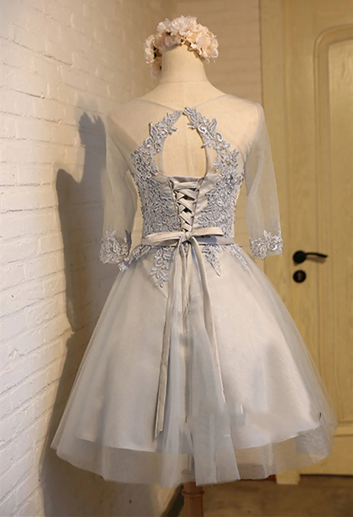 A Line Round Neck Short Gray/Pink Lace Prom Dresses, Graduation Dresses, Homecoming Dresses, Bridesmaid Dresses