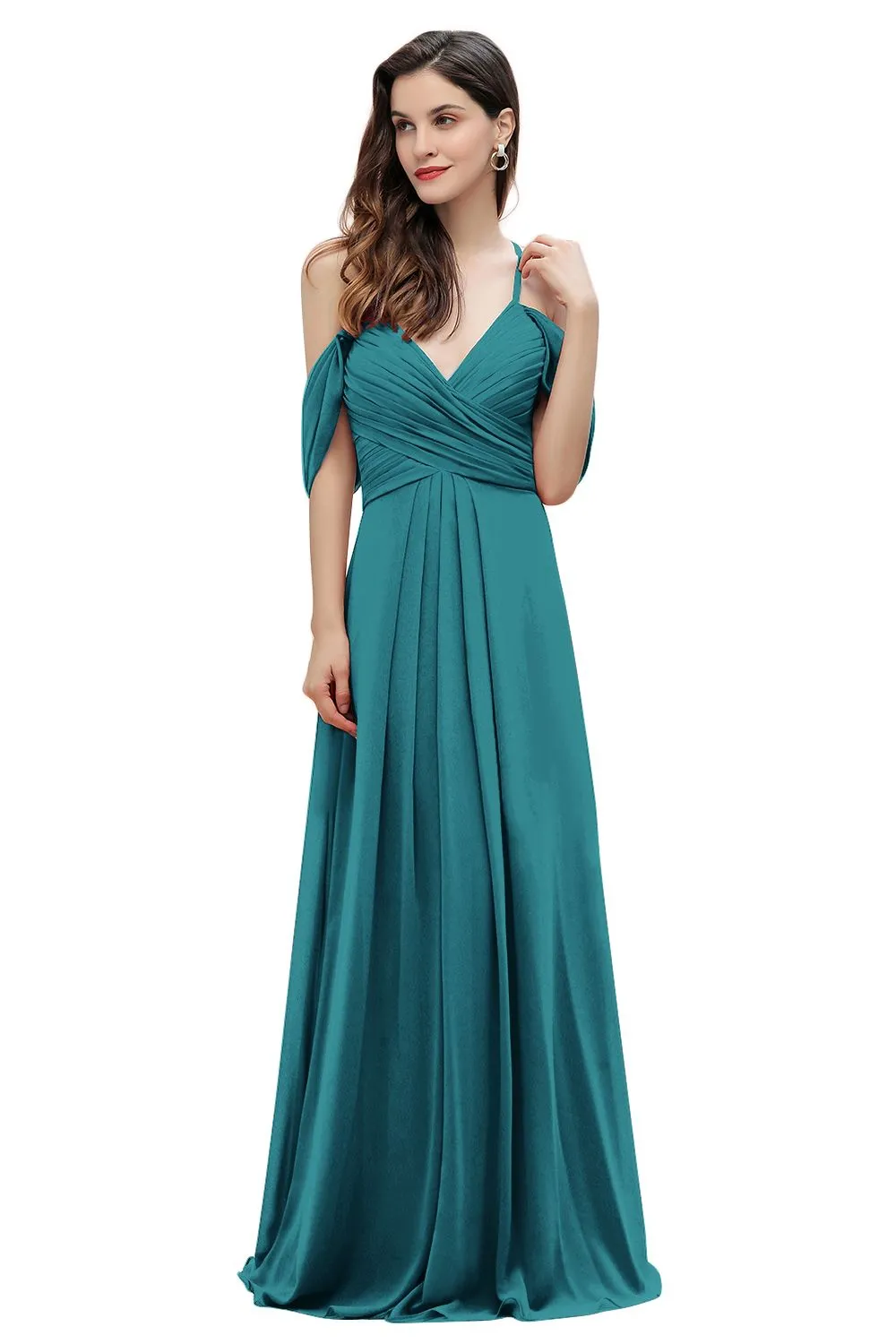 A-Line V-neck Off-the-Shoulder Chiffon Bridesmaid Dress Long Wedding Party Dress