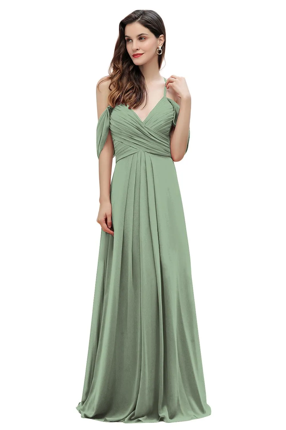 A-Line V-neck Off-the-Shoulder Chiffon Bridesmaid Dress Long Wedding Party Dress