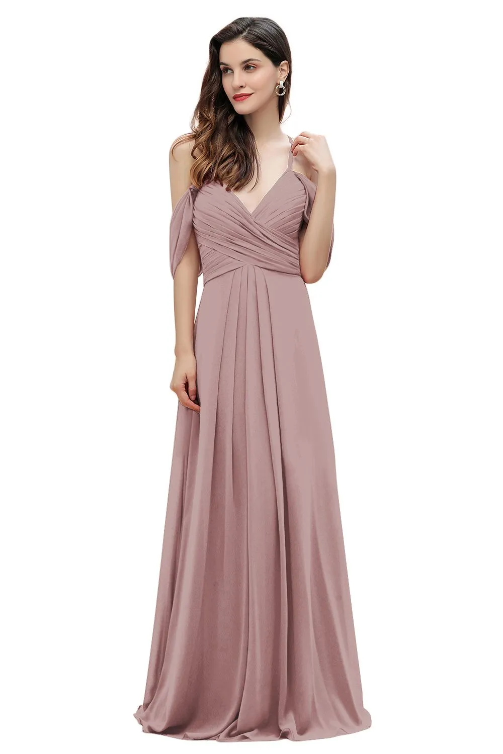 A-Line V-neck Off-the-Shoulder Chiffon Bridesmaid Dress Long Wedding Party Dress