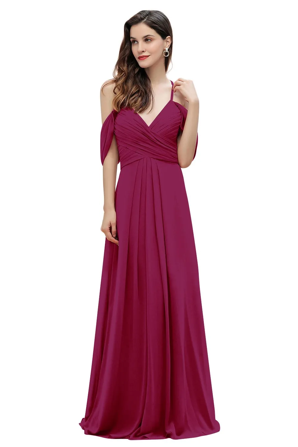 A-Line V-neck Off-the-Shoulder Chiffon Bridesmaid Dress Long Wedding Party Dress