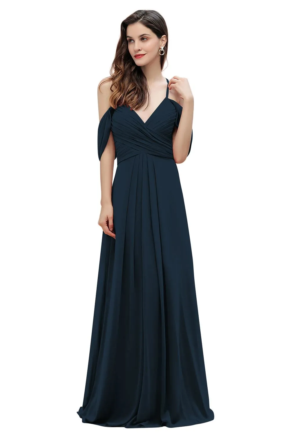 A-Line V-neck Off-the-Shoulder Chiffon Bridesmaid Dress Long Wedding Party Dress