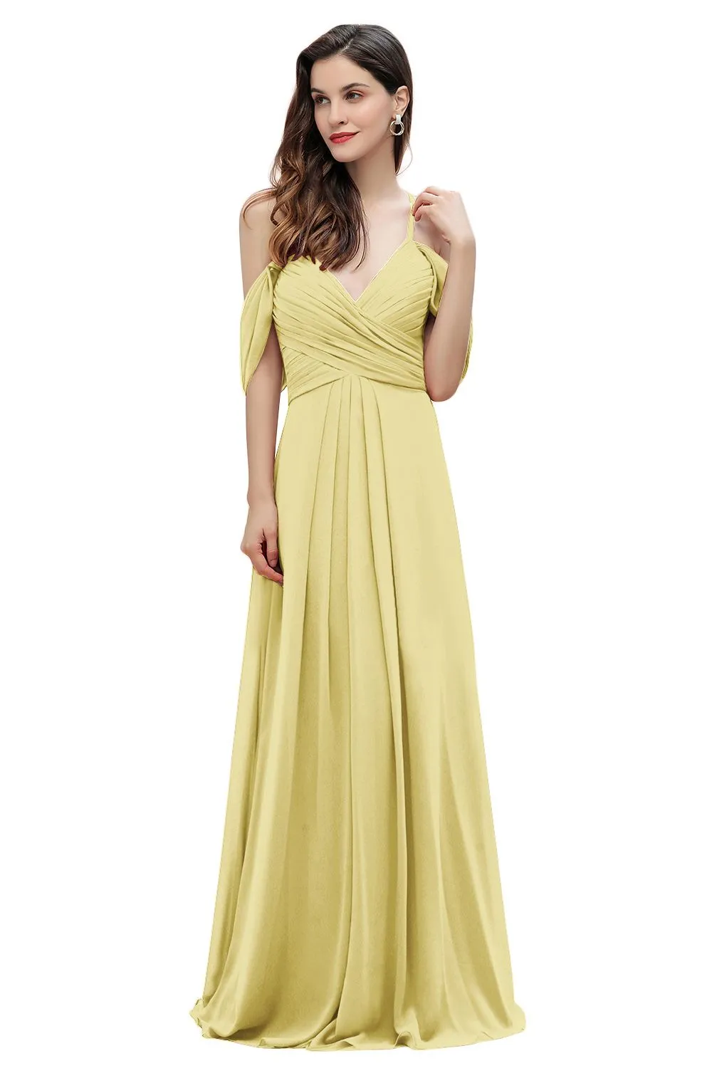 A-Line V-neck Off-the-Shoulder Chiffon Bridesmaid Dress Long Wedding Party Dress