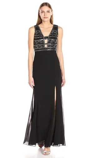 Adrianna Papell - AP1E201342 Ornate Plunging Sheath Dress in Black - 1 Pc Black in Size 16 Available