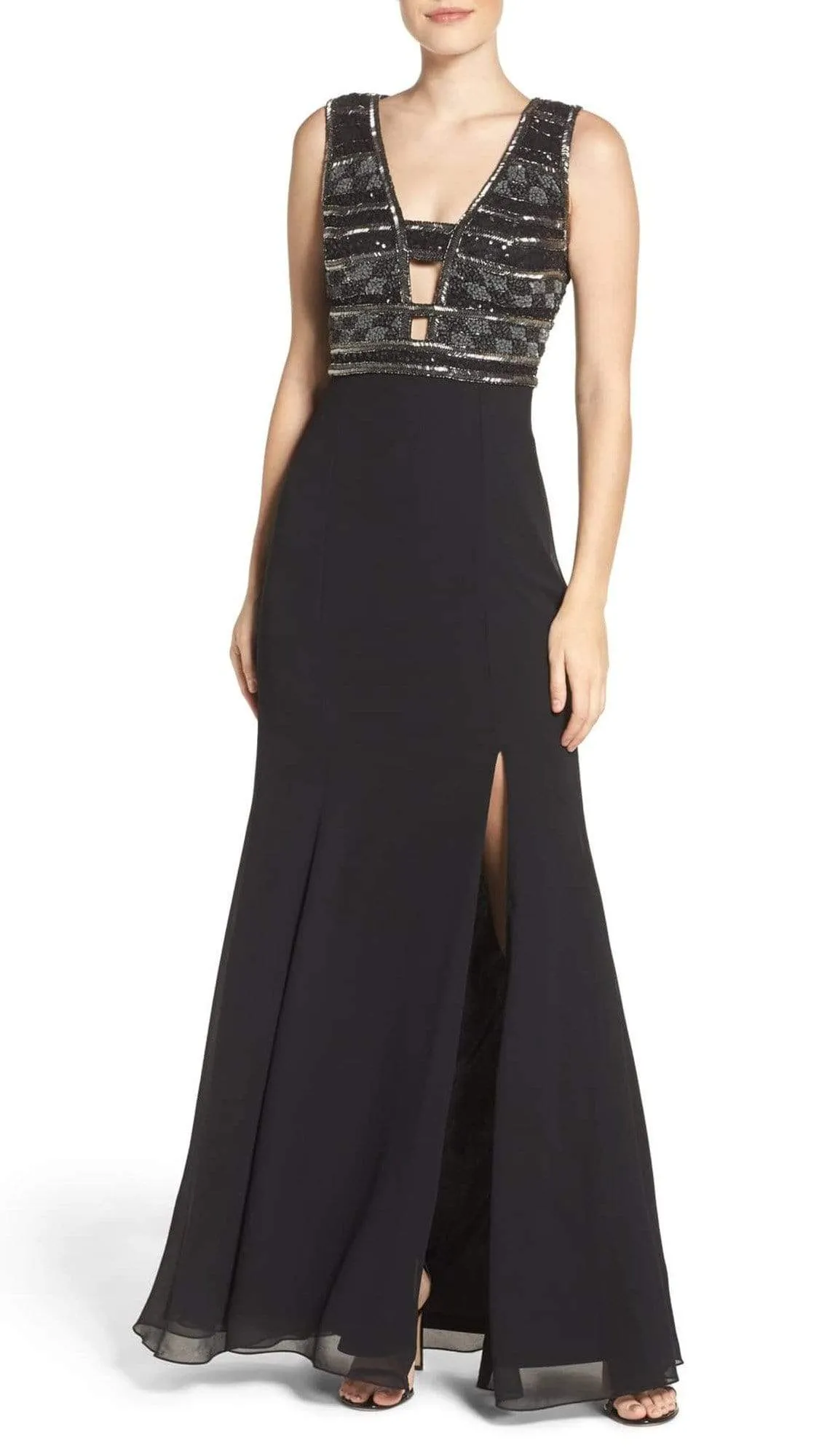 Adrianna Papell - AP1E201342 Ornate Plunging Sheath Dress in Black - 1 Pc Black in Size 16 Available