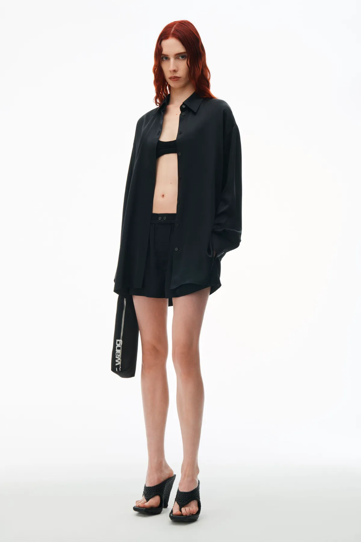 Alexander Wang Oversized Silk Shirt with Logo Cut Out - Black