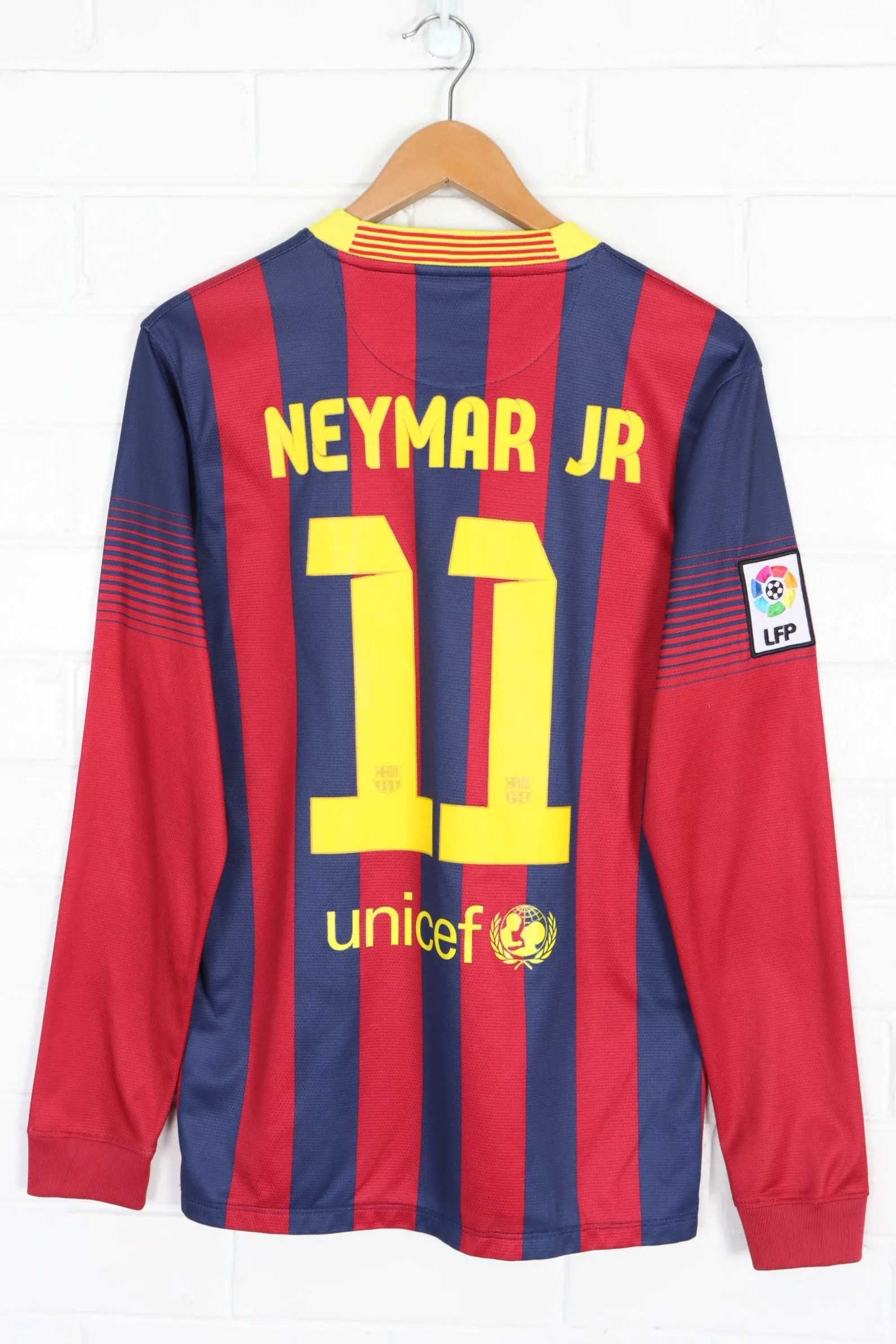 Barcelona #11 Neymar Jr 2013/2014 NIKE Home Long Sleeve Soccer Jersey (S)