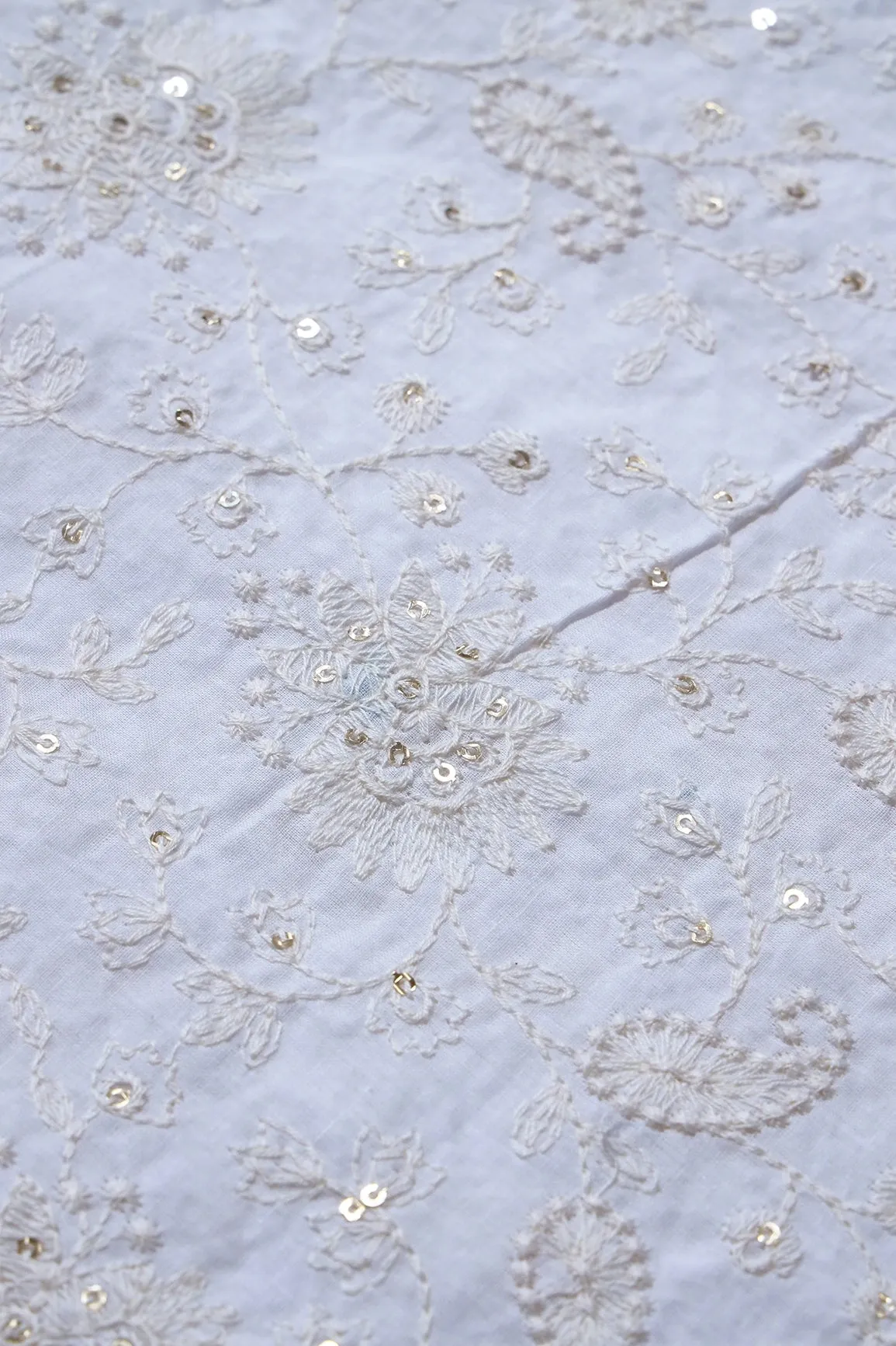 Beautiful White Thread With Gold Sequins Lucknowi Floral Embroidery Work On White Soft Cotton Fabric