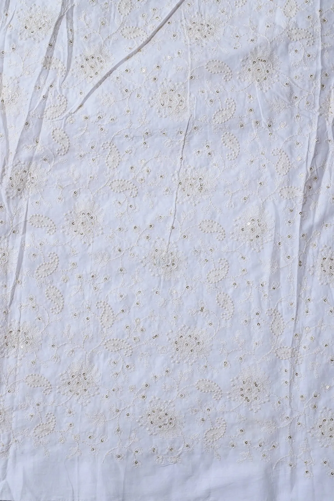 Beautiful White Thread With Gold Sequins Lucknowi Floral Embroidery Work On White Soft Cotton Fabric