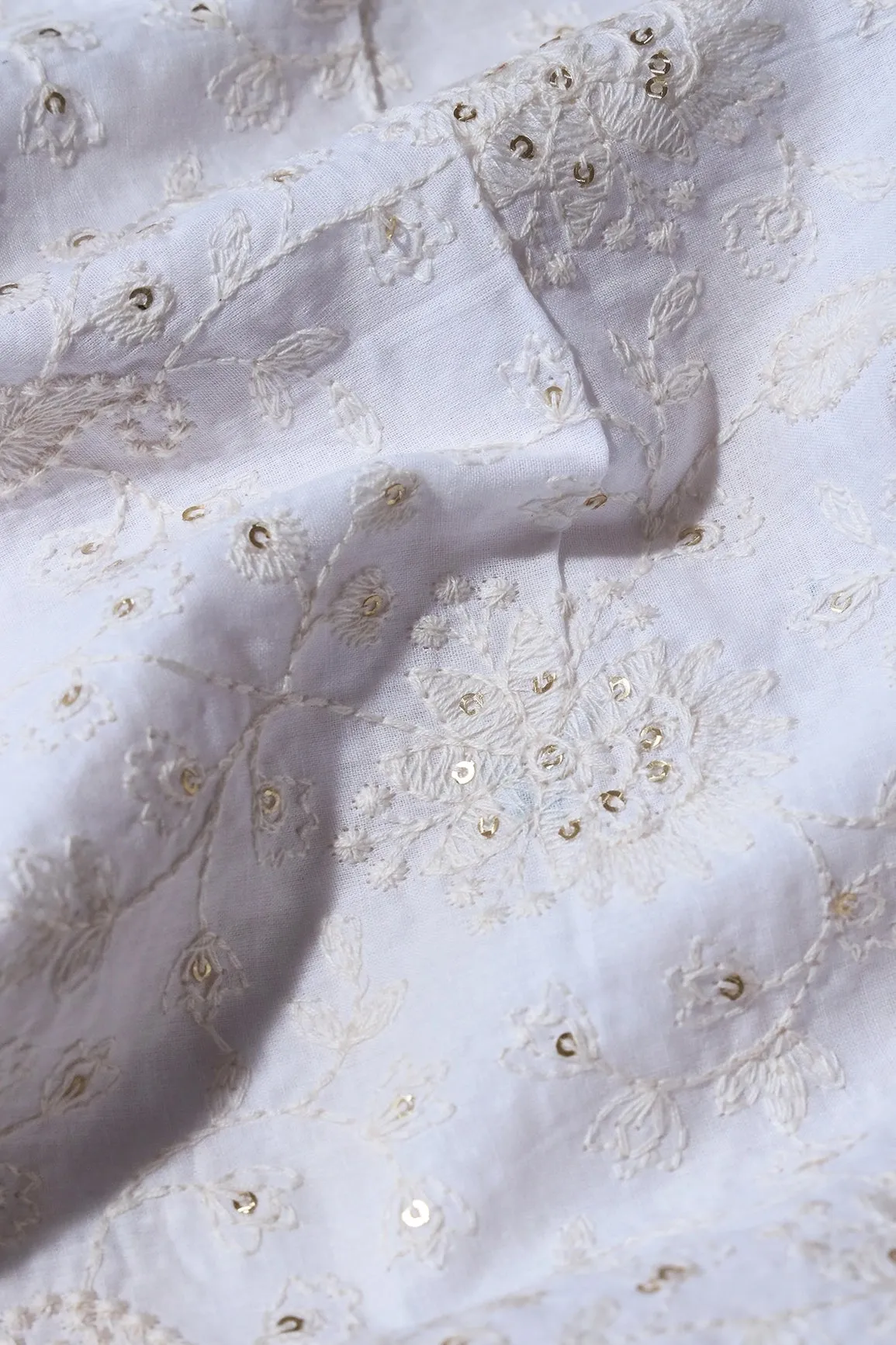 Beautiful White Thread With Gold Sequins Lucknowi Floral Embroidery Work On White Soft Cotton Fabric