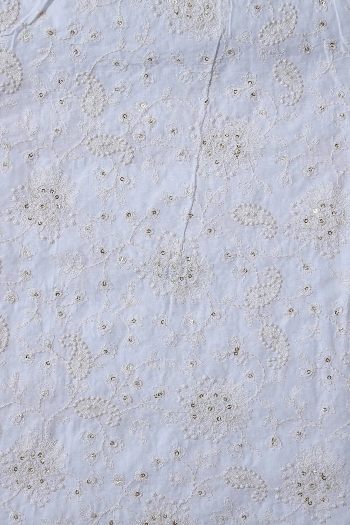 Beautiful White Thread With Gold Sequins Lucknowi Floral Embroidery Work On White Soft Cotton Fabric