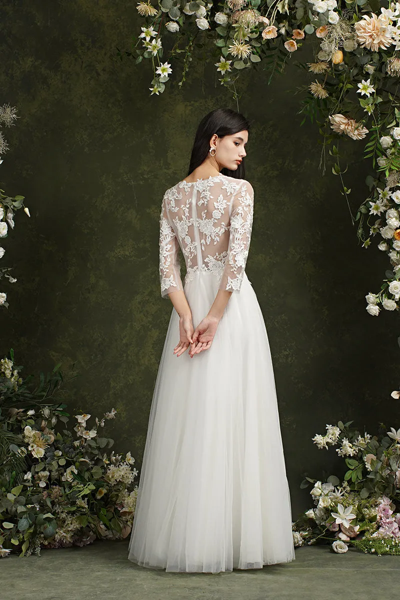 Biztunnel Long A-line Sweetheart Chiffon Lace Wedding Dresses with Sleeves