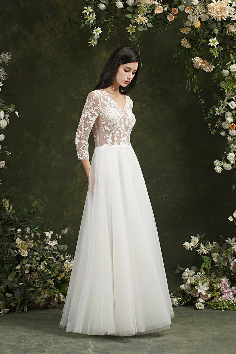 Biztunnel Long A-line Sweetheart Chiffon Lace Wedding Dresses with Sleeves