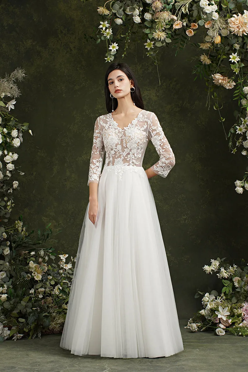 Biztunnel Long A-line Sweetheart Chiffon Lace Wedding Dresses with Sleeves