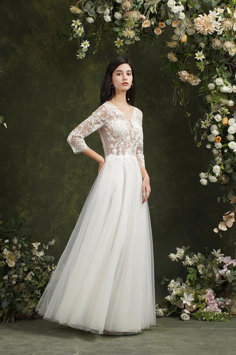 Biztunnel Long A-line Sweetheart Chiffon Lace Wedding Dresses with Sleeves