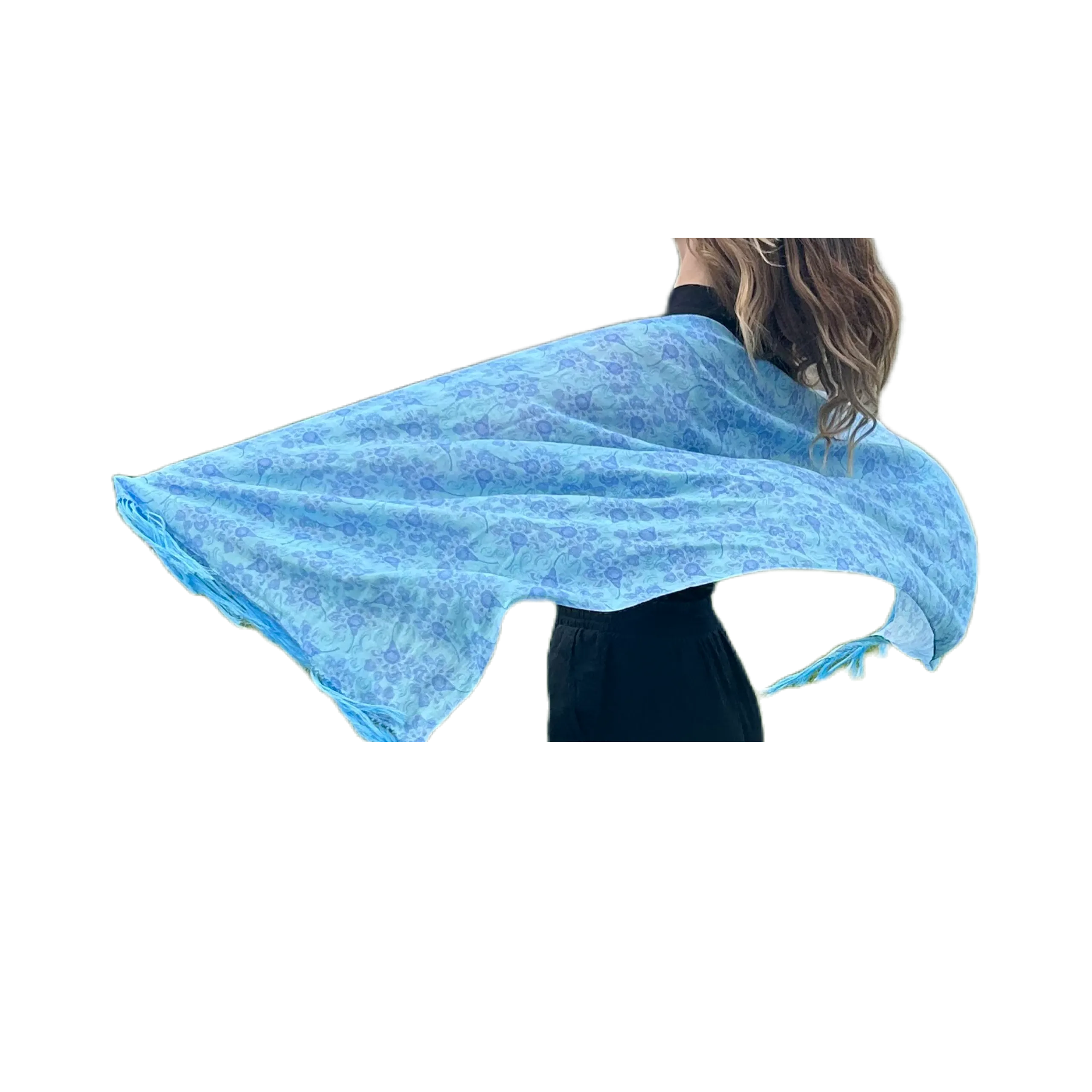 Blowing Blue Flowers on Blue Scarf, 24x75", 80/20 Silk/Cotton, Hanknotted Fringe