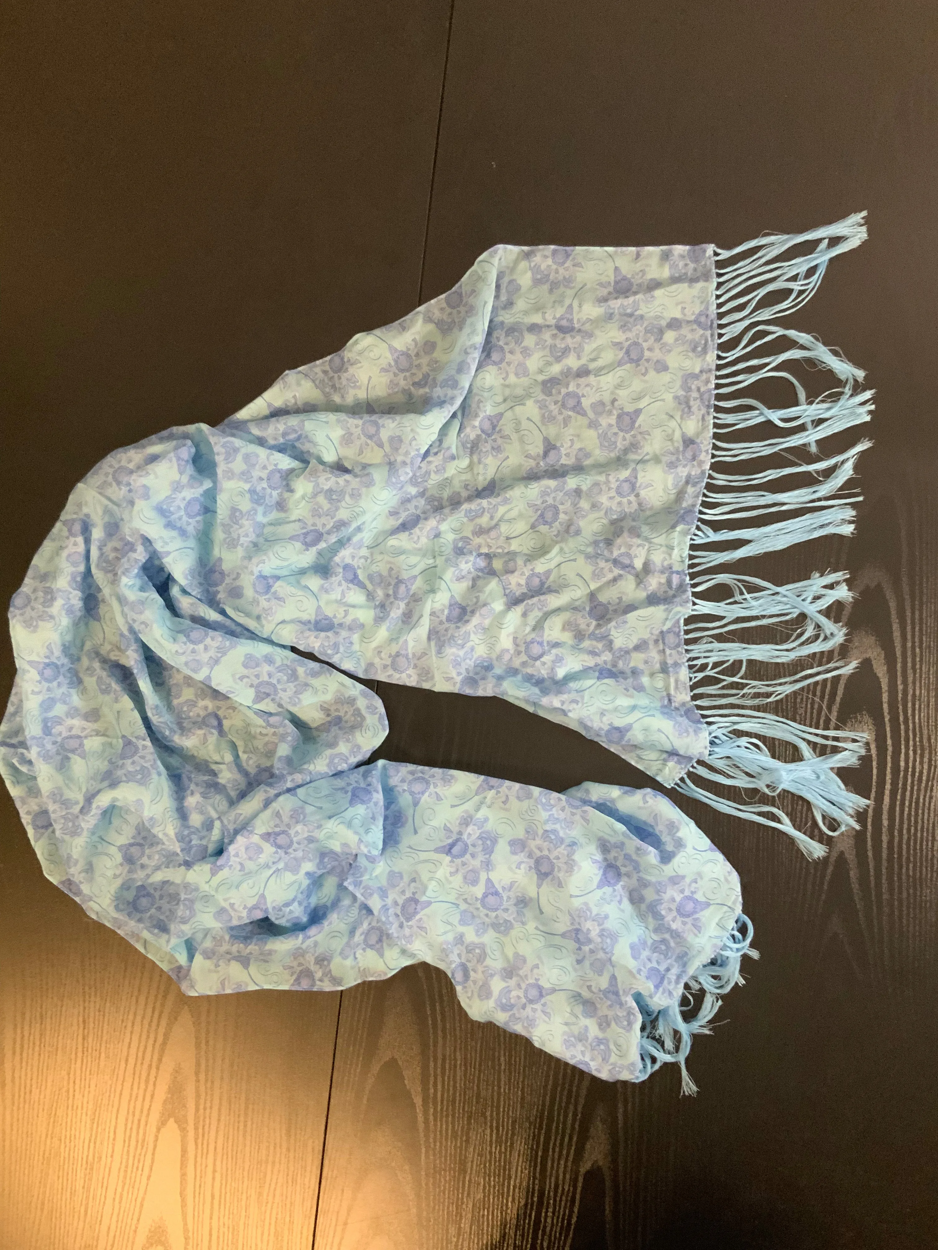 Blowing Blue Flowers on Blue Scarf, 24x75", 80/20 Silk/Cotton, Hanknotted Fringe