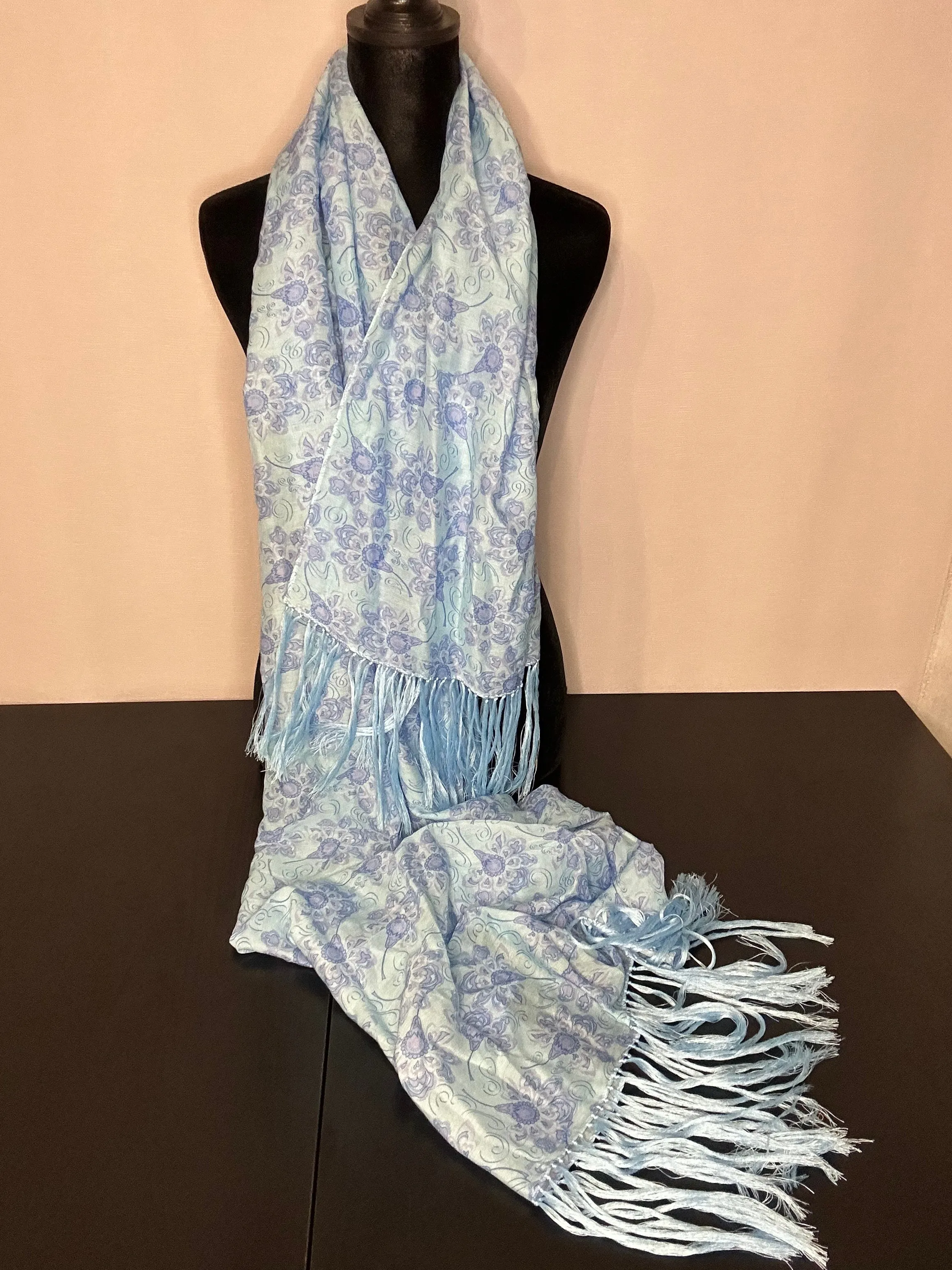 Blowing Blue Flowers on Blue Scarf, 24x75", 80/20 Silk/Cotton, Hanknotted Fringe