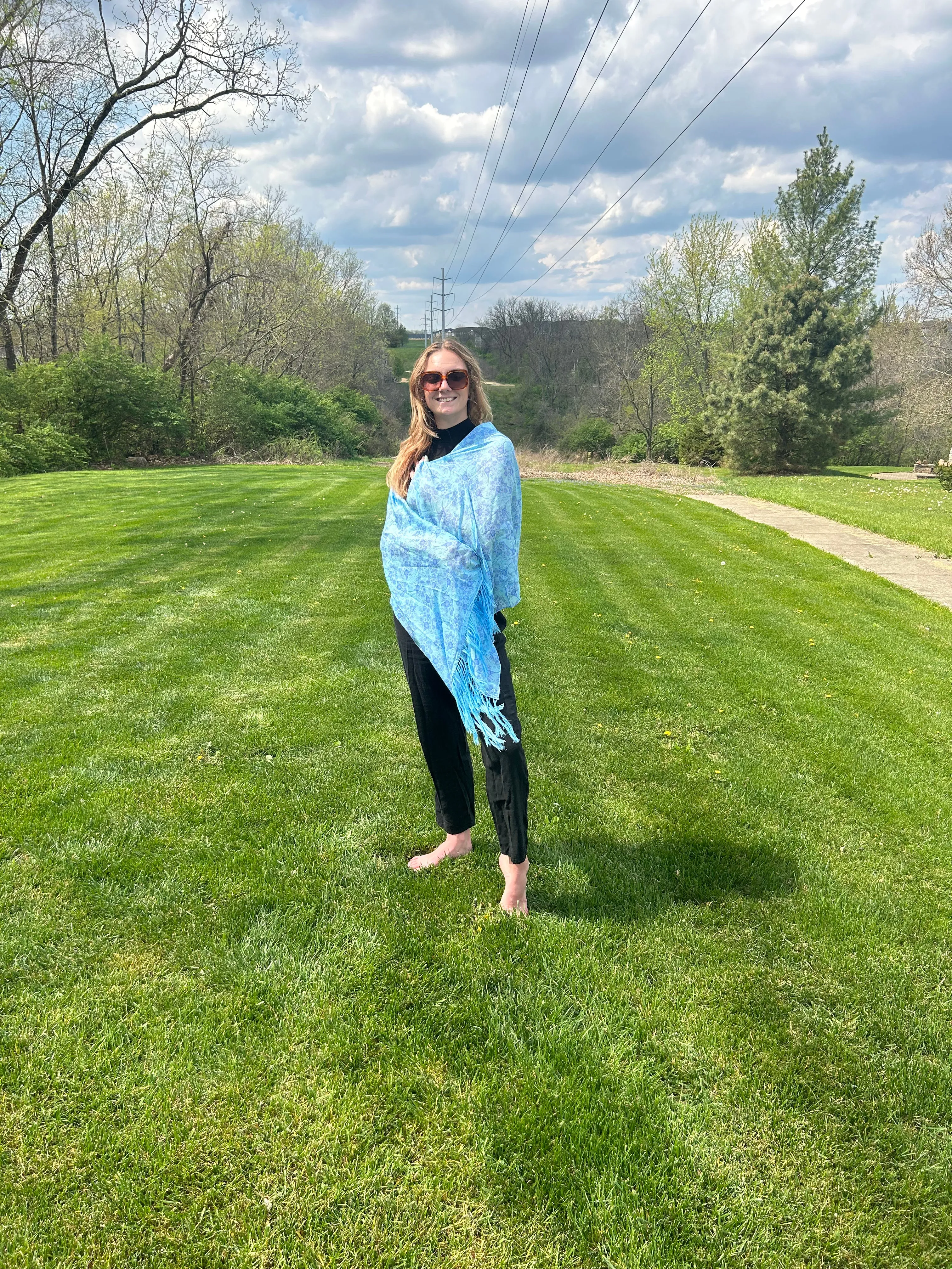 Blowing Blue Flowers on Blue Scarf, 24x75", 80/20 Silk/Cotton, Hanknotted Fringe