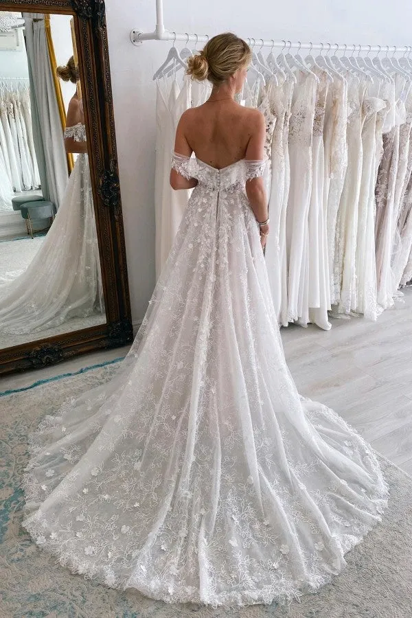 Charming Long A-line Off-The-Shoulder Sleeveless Lace Wedding Dress with Court Train