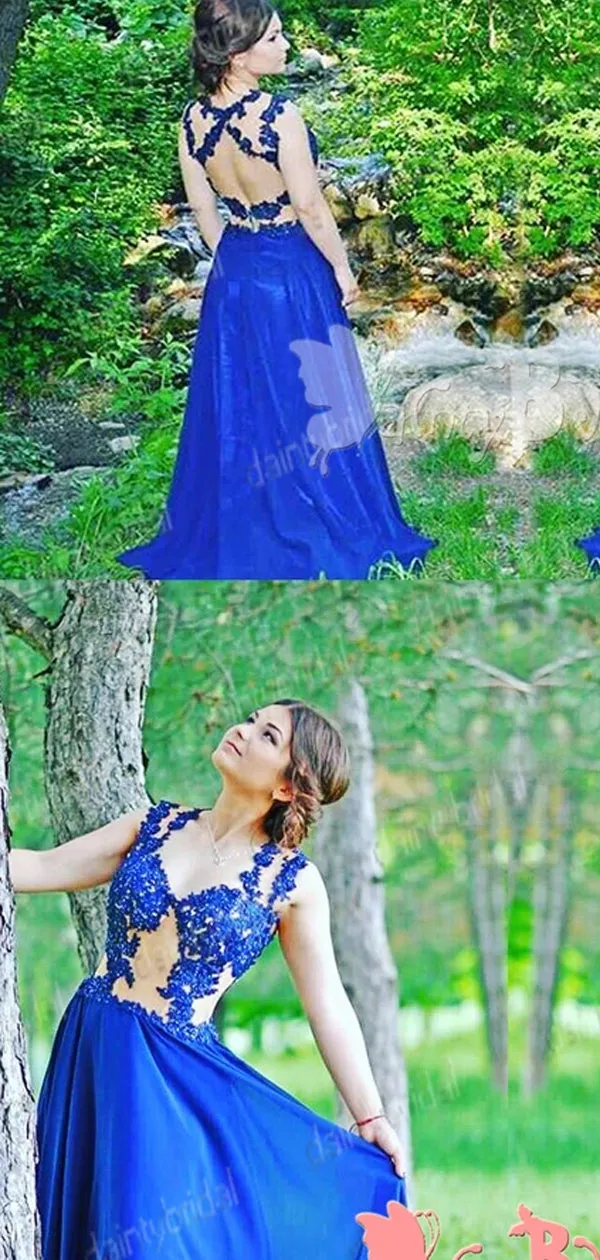 Charming Royal Blue Lace Sexy Open Back Sleeveless V-neck  Long  A-line Prom Gown Dresses. DB1037