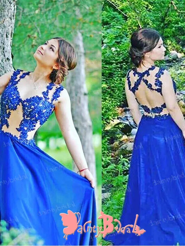 Charming Royal Blue Lace Sexy Open Back Sleeveless V-neck  Long  A-line Prom Gown Dresses. DB1037